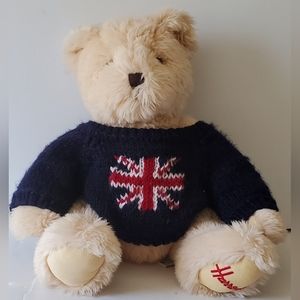 Harrods Teddy Bear With Blue Union Jack Sweater Stuffed Animal - EUC